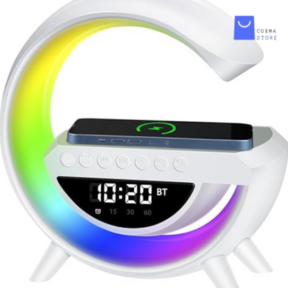 LÁMPARA MULTIFUNCIONAL INTELIGENTE ™ - Parlante RGB, cargador inalámbrico, lámpara con luces LED RGB, reloj digital y radio FM