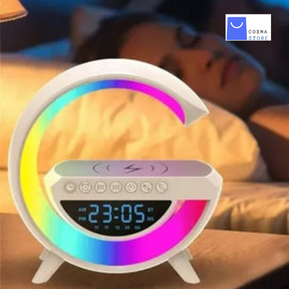 LÁMPARA MULTIFUNCIONAL INTELIGENTE ™ - Parlante RGB, cargador inalámbrico, lámpara con luces LED RGB, reloj digital y radio FM