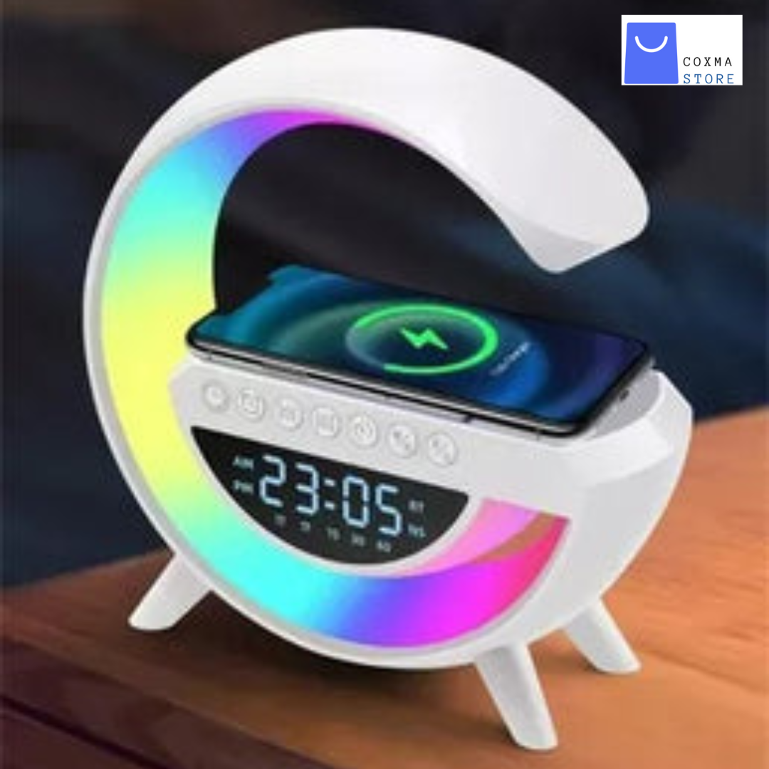 LÁMPARA MULTIFUNCIONAL INTELIGENTE ™ - Parlante RGB, cargador inalámbrico, lámpara con luces LED RGB, reloj digital y radio FM